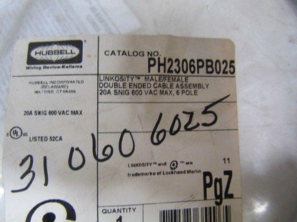 Hubbell PH2306PB025 25' Male/Female Double Ended Cable Assyy 20A 6 Pole 600VAC