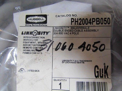 Hubbell PH2006PB50 50' Male/Female Double Ended Cable Assembly 4 Pole 20A 600V