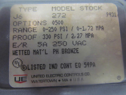 United Electric Controls Type J6 Model 272 Pressure Switch 0-250PSI 250V 1/4"NPT