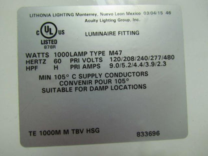 Lithonia Lighting TE1000MM TBV HSG 4" Matt white baffle120V LED module 1000watt