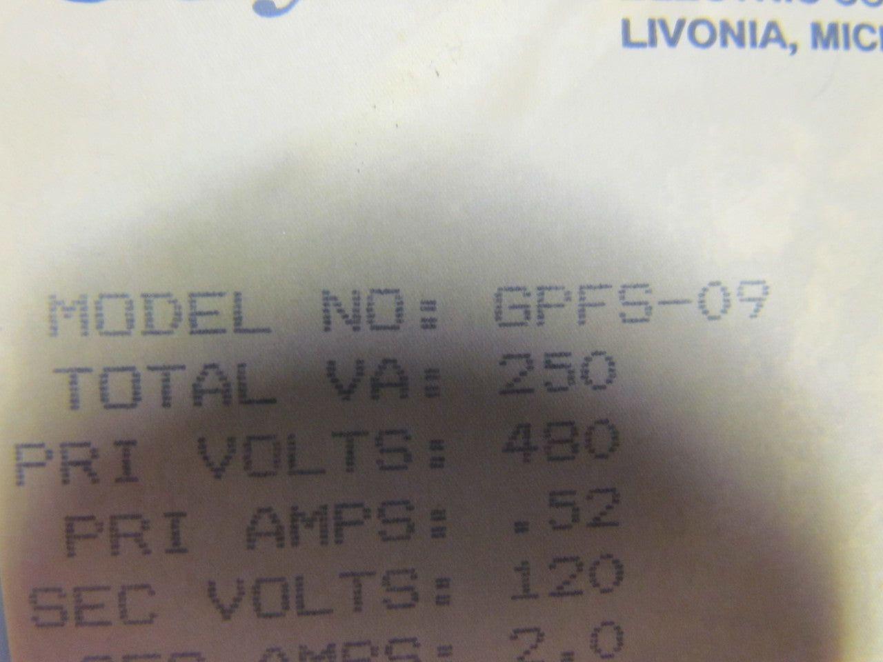 DayKin GPFS-09 Transformer Disc. Total VA 250 Primaryvolts 480 Primary amps .52