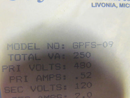 DayKin GPFS-09 Transformer Disc. Total VA 250 Primaryvolts 480 Primary amps .52