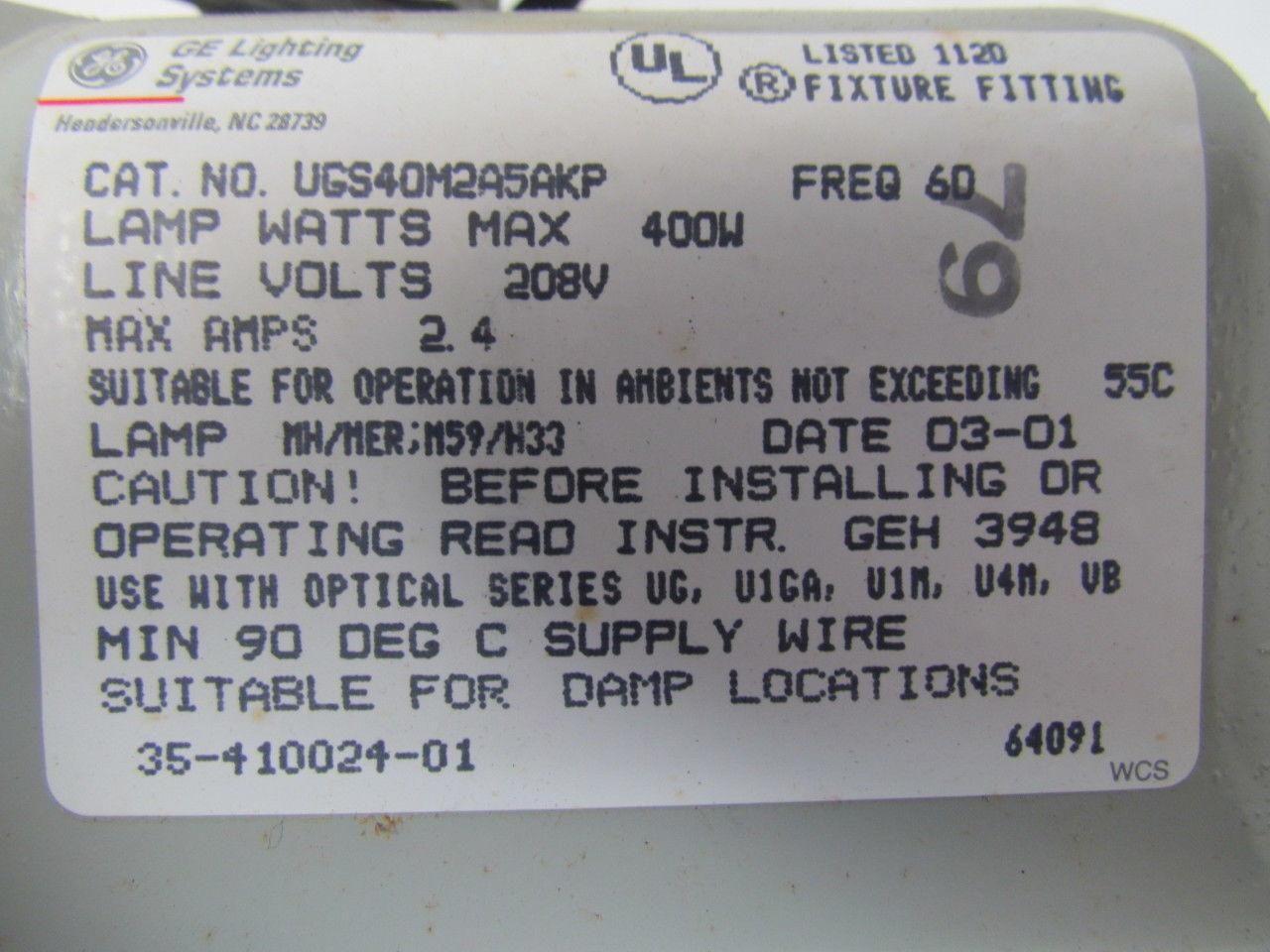 GE Lighting UGS40M2A5AKP Small Ballast Assy For UNIGLOW Luminaire 208V 400W