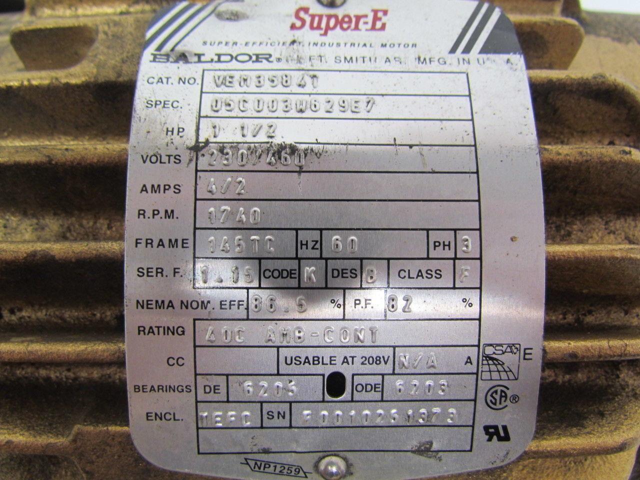 Baldor Motor VEM3584T 1-1/2HP 230/460Volt 1740RPM 60HZ