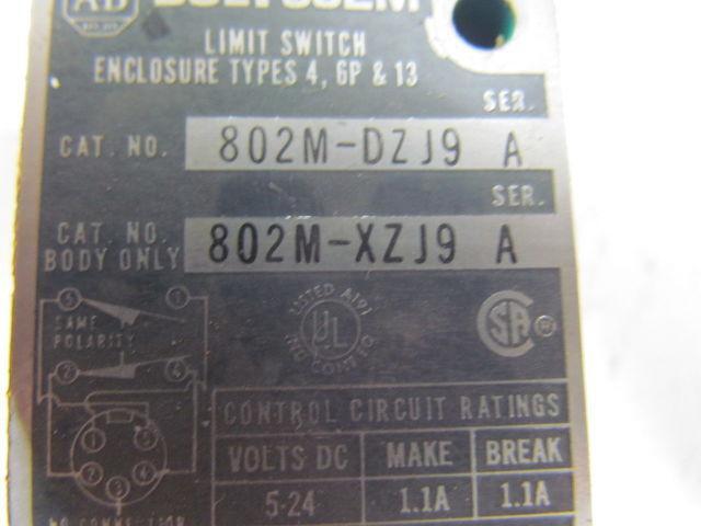 Allen Bradley 802M-DZJ9 Pre Wirer Factory Sealed Limit Switch 5-24VDC 1.1A