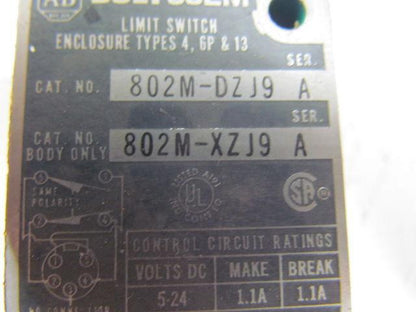 Allen Bradley 802M-DZJ9 Pre Wirer Factory Sealed Limit Switch 5-24VDC 1.1A