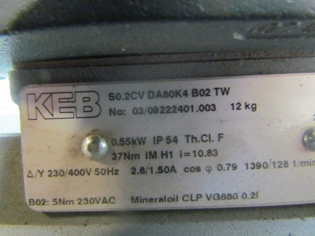 KEB 2CV DA80K4 B02 TW Combigear Helical Worm Gear 10.83:1 Ratio 0.55KW Motor