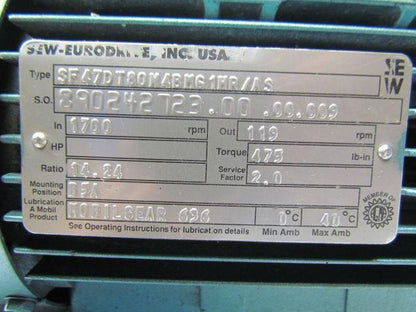 SEW-EURODRIVE SF47DT80N4BM61MR/AS Motor Gear Reducer 14.24:1 Ratio 24VDC Brake