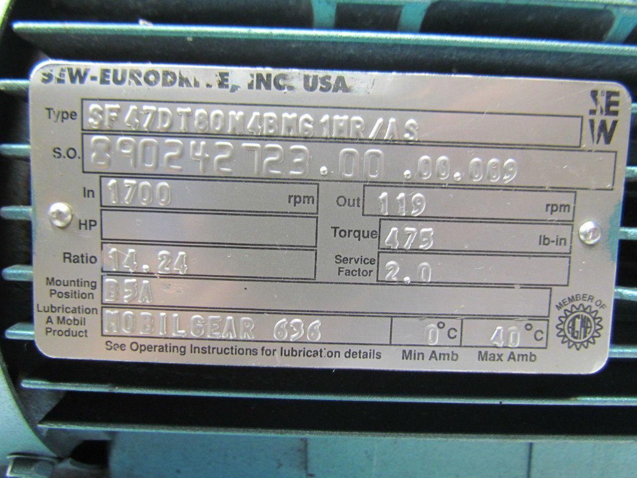 SEW-EURODRIVE SF47DT80N4BM61MR/AS Motor Gear Reducer 14.24:1 Ratio 24VDC Brake