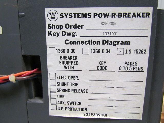 Westinghouse SPB-50-800 Frame Systems Pow-R Breaker w/SPB 400 A Pow-R Trip 7