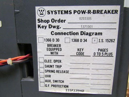 Westinghouse SPB-50-800 Frame Systems Pow-R Breaker w/SPB 400 A Pow-R Trip 7