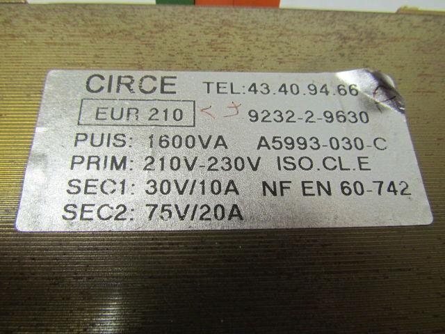 Circe EUR 210 Isolation Transformer 210-230 Pri 30V Sec1 75V Sec2
