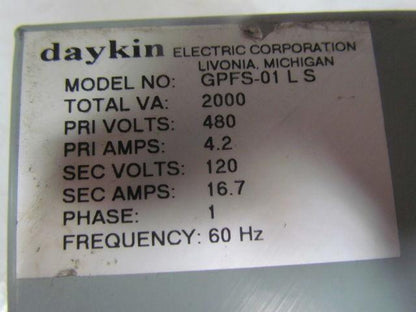 Daykin Elec. GPFS-01 LS Enclosed Transformer Disconnect 2000VA 480V Pri 120V Sec
