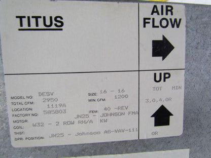 Titus DESV Variable Air Volume Single Duct Terminal Size 16-16 2500 Total CFM