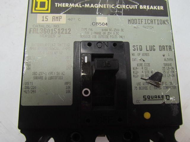 Square D FAL360151212 15Amp 3Pole Circuit Breaker w Aux Switch