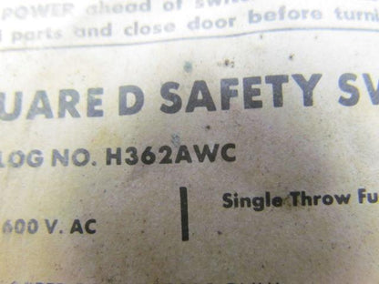 Square D H362AWC Ser D1 60amp 600VAC Fusible Disconnect Safety Switch