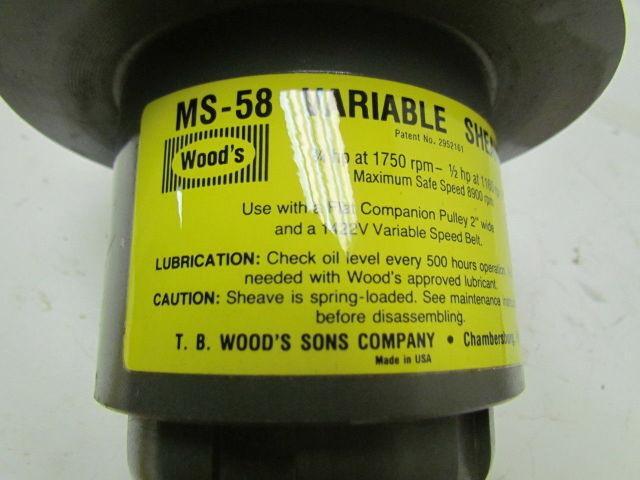 T.B. Woods MS-58 variable sheave pulley 5/8" bore maximum 8900 RPM