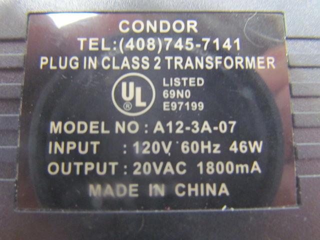 Condor A12-3A-07 Power Supply 120V Input 20VAC output w/5 Pin Plug