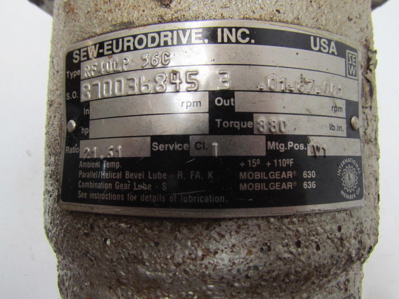 Sew-Eurodrive Inc. RF40LP 56C In-Line speed reducer output flange mounted
