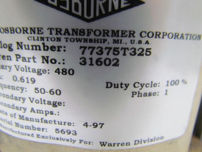 Warren Emhart 31602 .619KVA Transformer 480 Volt 50/60Hz