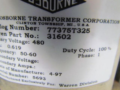 Warren Emhart 31602 .619KVA Transformer 480 Volt 50/60Hz