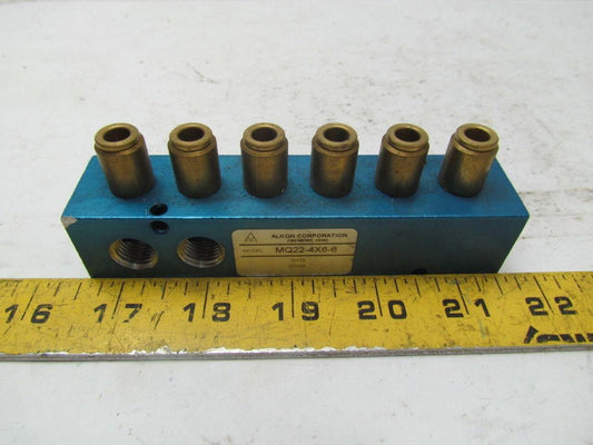 Alkon MQ22-4X6-6 6 outlet pneumatic Manifold 3/8"ports w/2 1/4" Ports added