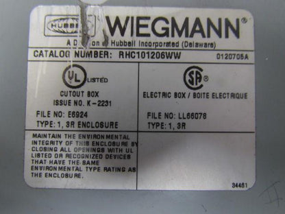 Wiegmann RHC101206WW Electrical enclosure rain proof wall mount 12"x10"x6"
