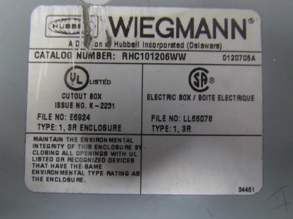 Wiegmann RHC101206WW Electrical enclosure rain proof wall mount 12"x10"x6"