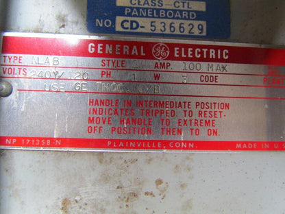 General electric Class CTL CD536629 Panelboard type NLAB Style 1 240Y/120VAC
