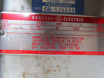 General electric Class CTL CD536629 Panelboard type NLAB Style 1 240Y/120VAC