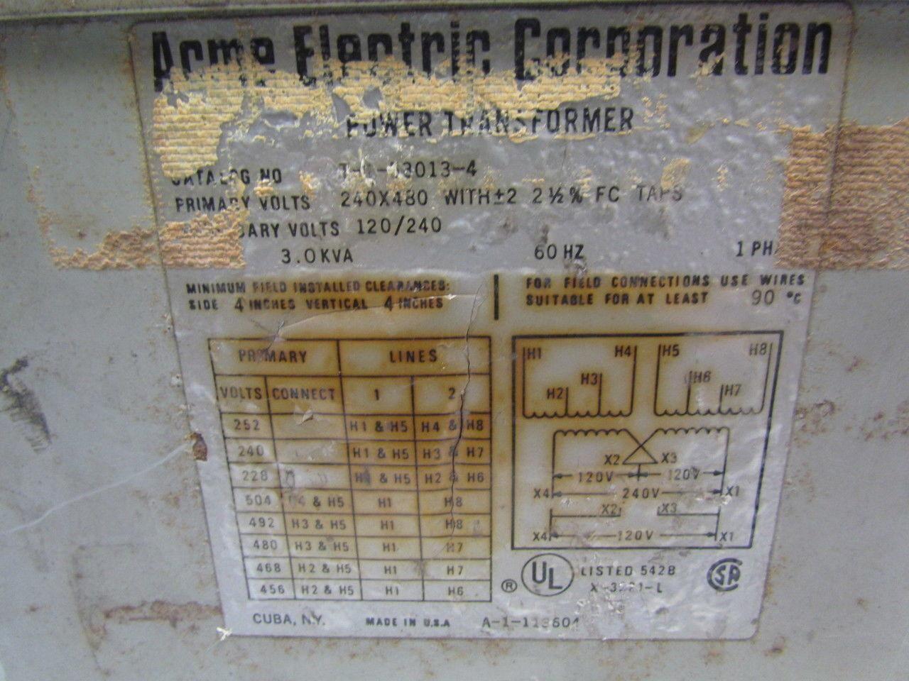 Acme Electric TI53013-4 3.0KVA Transformer 240/480VPRI.120/240Sec 60Hz 1PH