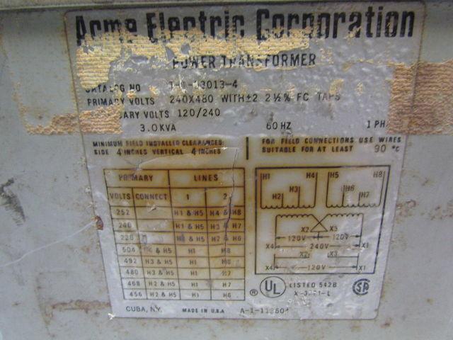 Acme Electric TI53013-4 3.0KVA Transformer 240/480VPRI.120/240Sec 60Hz 1PH