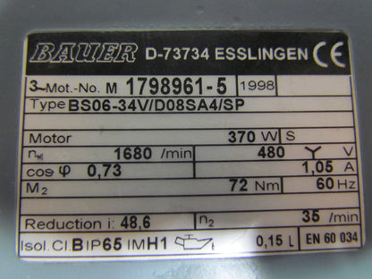 Bauer BS06-34V/D08SA4/SP Worm geared Electric motor 480V 1680 RPM 48.6 Ratio