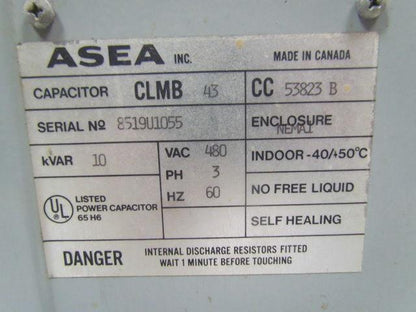 ASEA Inc. 53823 B Individual Capacitor 3-phase 480VAC 60Hz 10KVAR