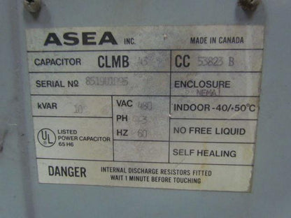ASEA Inc. 53823 B Individual capacitor 3-Phase 480VAC 60Hz 10KVAR