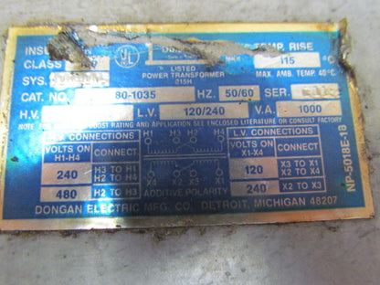 Dongan 80-1035 Control Transformer Single Phase 240x480V 1KVA