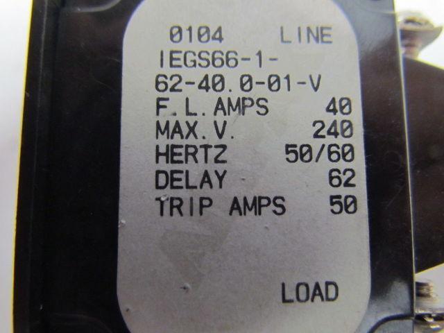 Airpax IEGS66-1-62-40.0-01V Circuit Breaker 240V FL Amp 40 50/60Hz Delay 62
