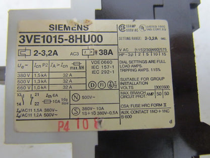 Siemens 3VE1015-8HU00 Motor protector starter 2-3.2Amp 3 pole 660V
