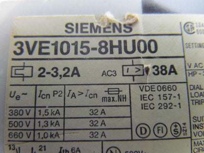 Siemens 3VE1015-8HU00 Motor protector starter 2-3.2Amp 3 pole 660V