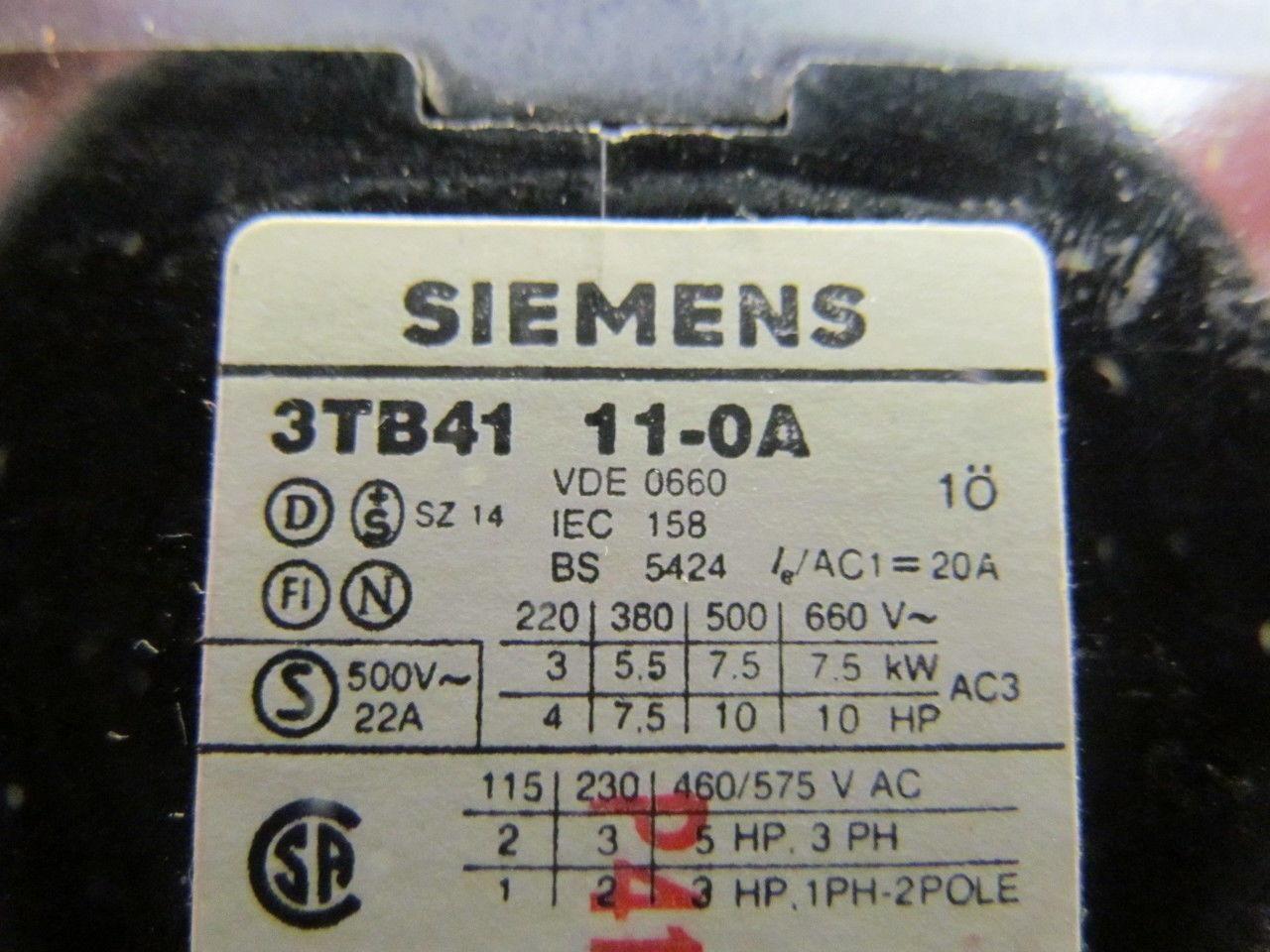 Siemens 3TB41 11-0A 20A 600V 10HP coil contactor biesse rover starter