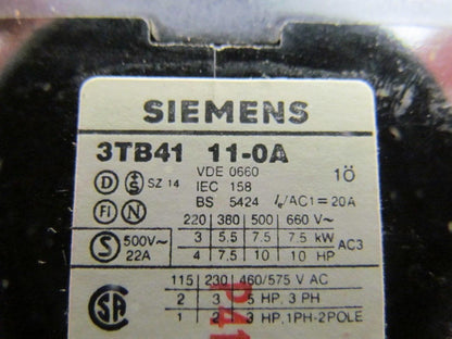Siemens 3TB41 11-0A 20A 600V 10HP coil contactor biesse rover starter