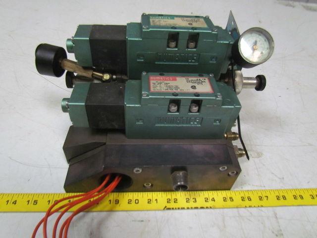 Numatics 123SA400R manifold block assembly w/3 solenoid valves & regulator