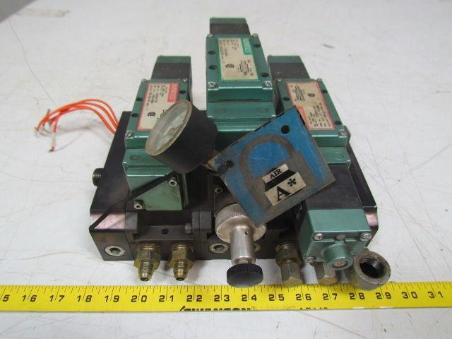 Numatics 123SA400R manifold block assembly w/3 solenoid valves & regulator