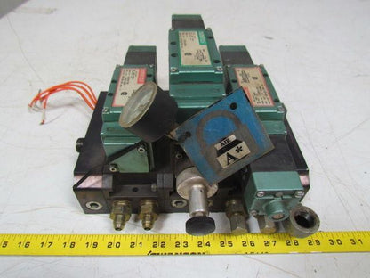 Numatics 123SA400R manifold block assembly w/3 solenoid valves & regulator