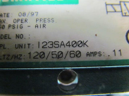 Numatics 123SA400R manifold block assembly w/3 solenoid valves & regulator