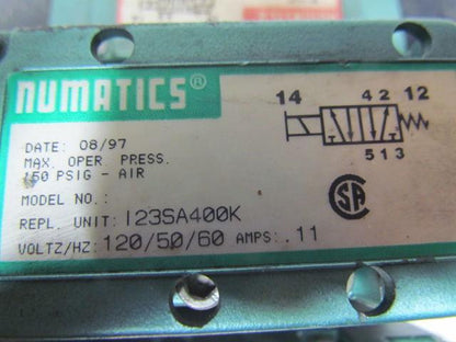 Numatics 123SA400R manifold block assembly w/3 solenoid valves & regulator