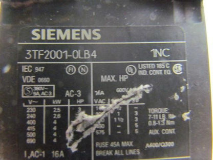 Siemens 3TF2001-0LB4 1NC Contactor motor starter 3ph 600V 16A
