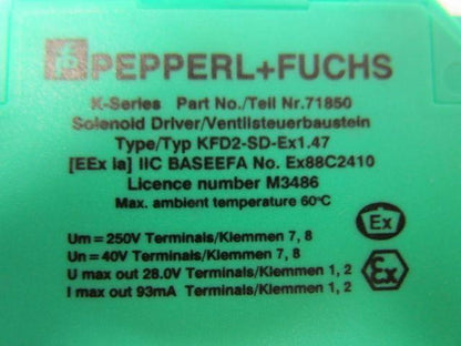 Pepperl Fuchs KFD2-SD-eX1.47 24VDC solenoid driver w/removable terminals new
