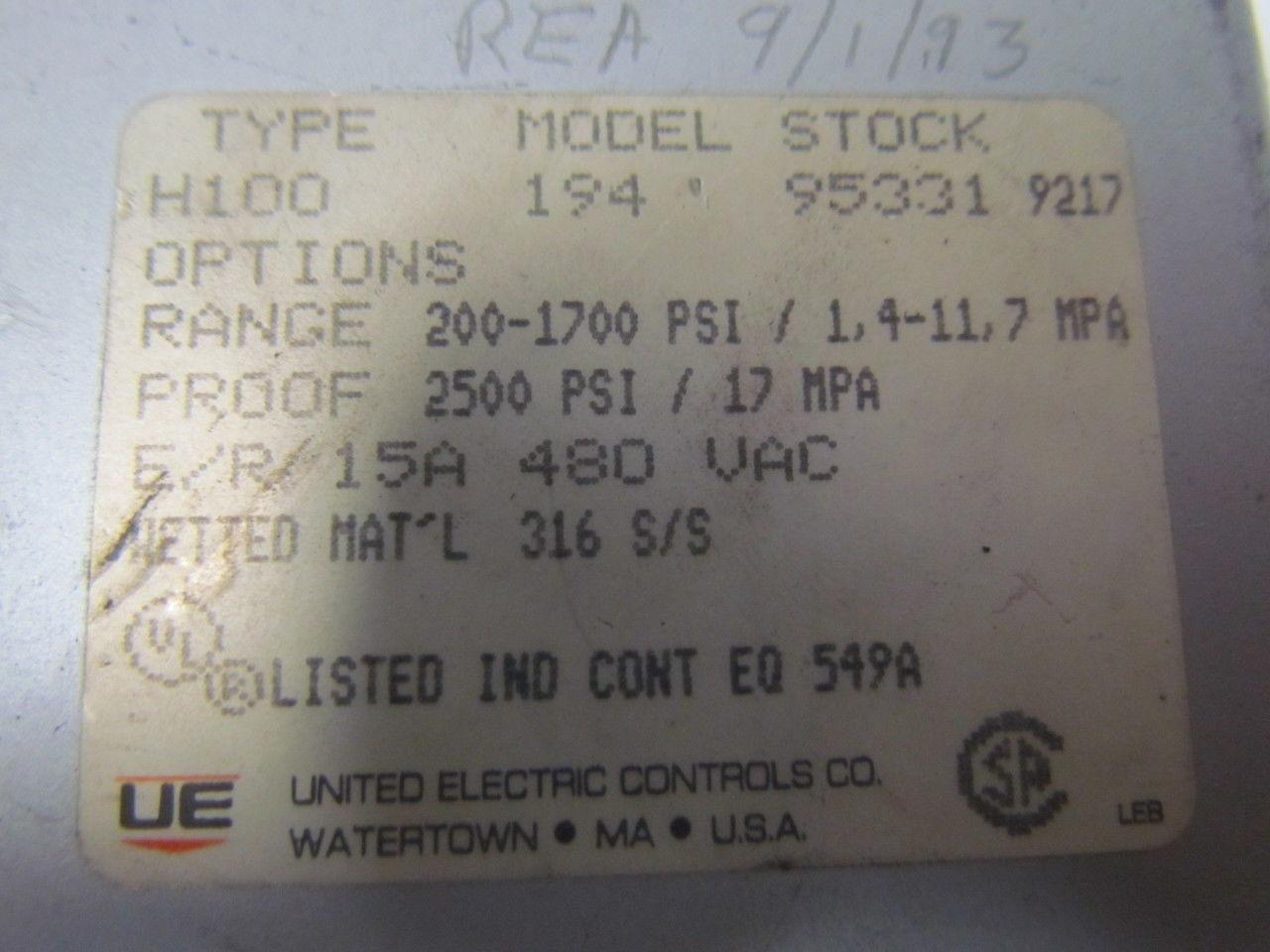 United Electric H100-194 Pneumatic pressure switch 200-1700psi range