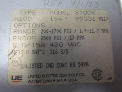 United Electric H100-194 Pneumatic pressure switch 200-1700psi range